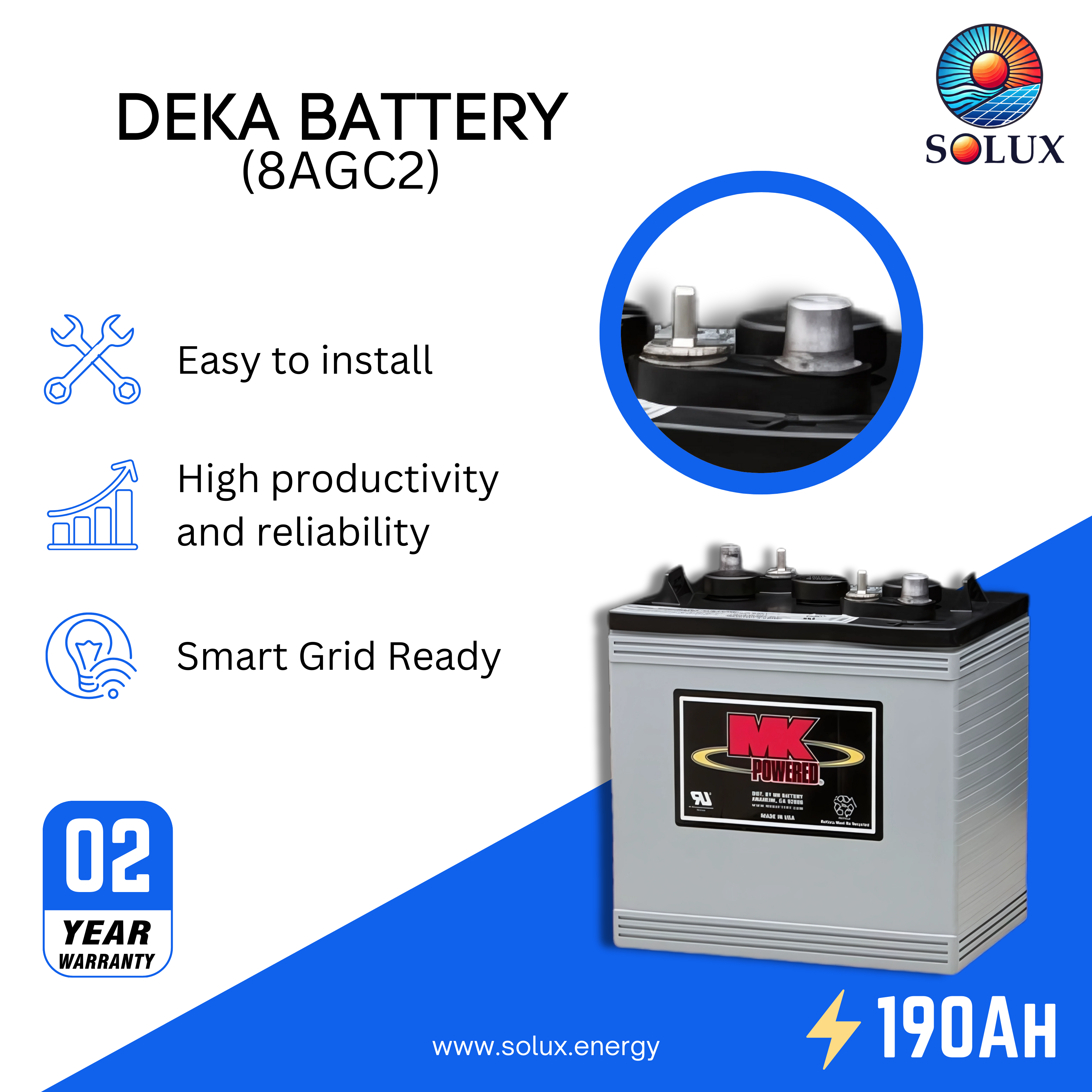 This is an image of Mk Deka 6V Solar Battery 190AH 6V Deep Cycle AGM 8AGC2